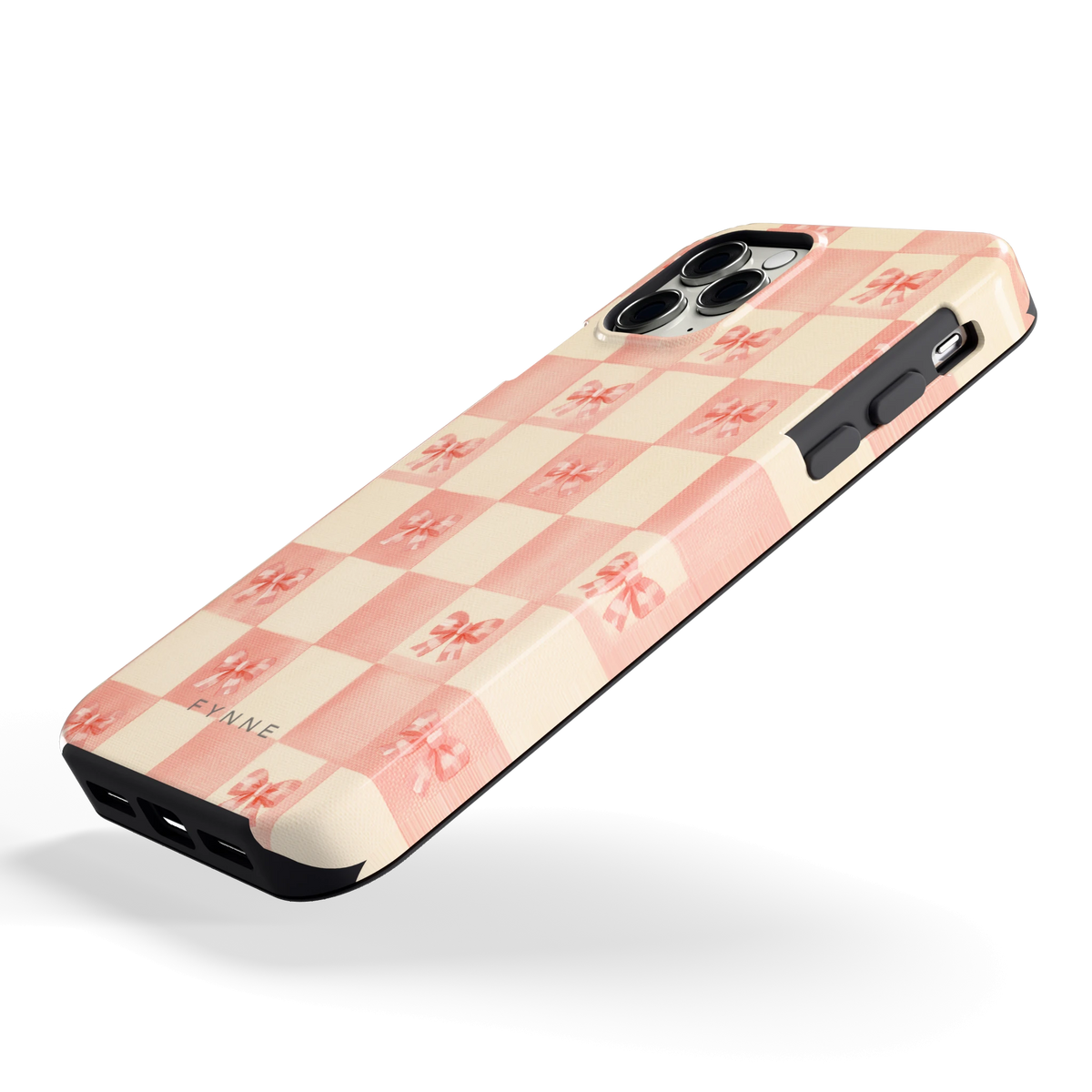 Roze strikjesgeruit hoesje voor iPhone 11 Pro, schuin