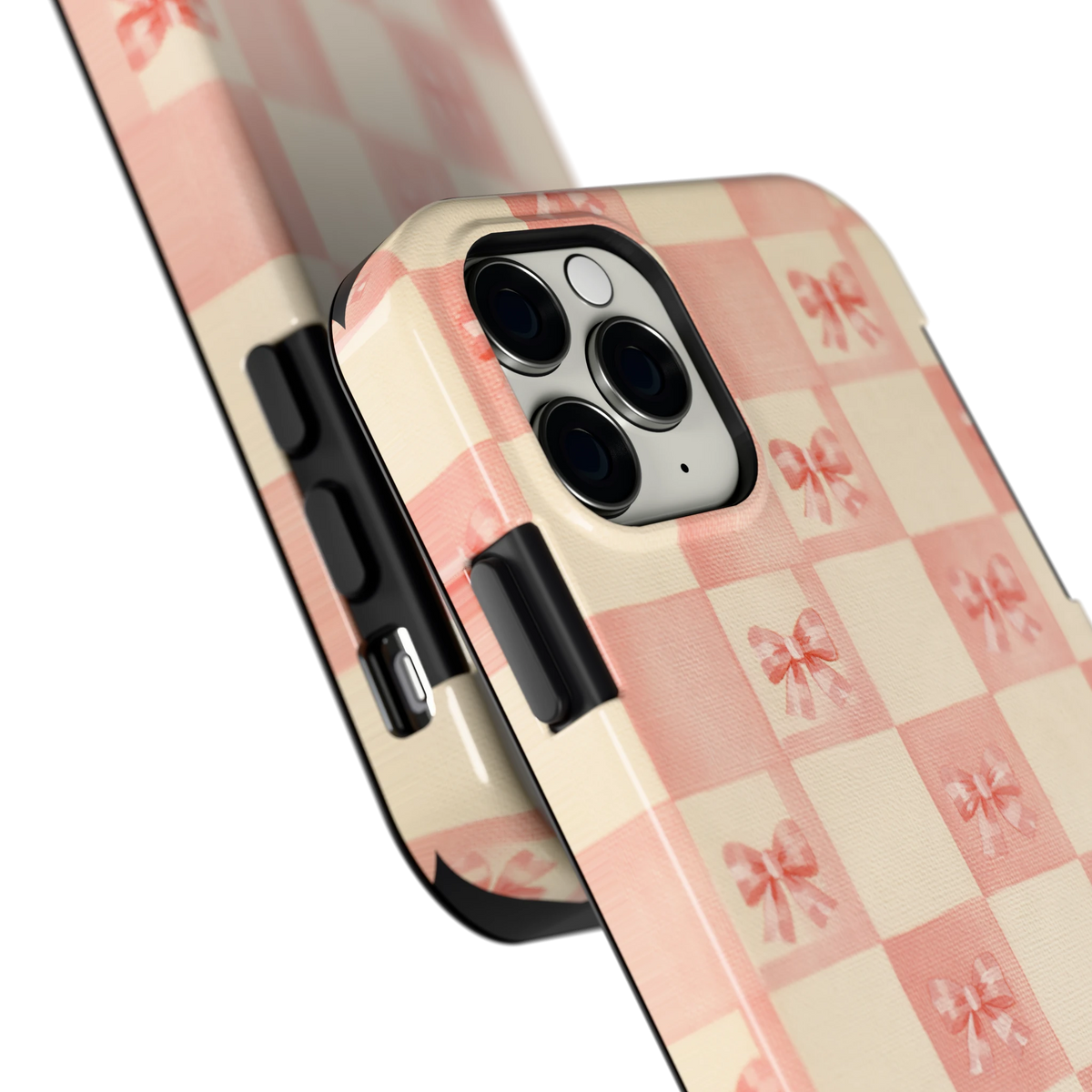 Roze strikjesgeruit hoesje voor iPhone 11 Pro, close-up