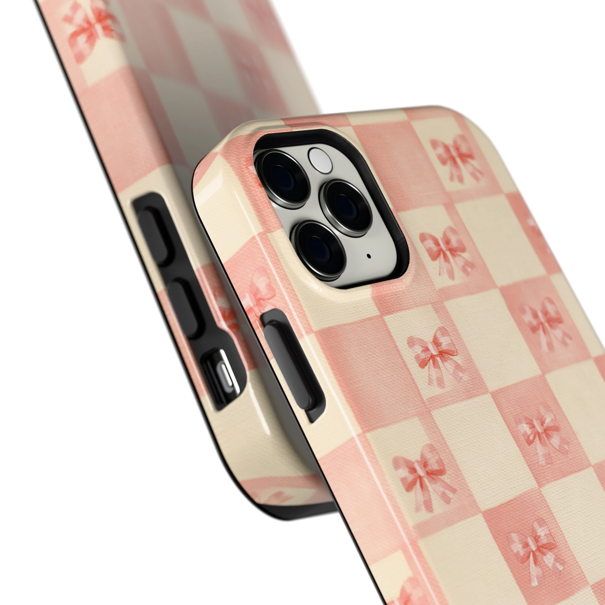 Roze strikjesgeruit hoesje voor iPhone 11 Pro Max, close-up