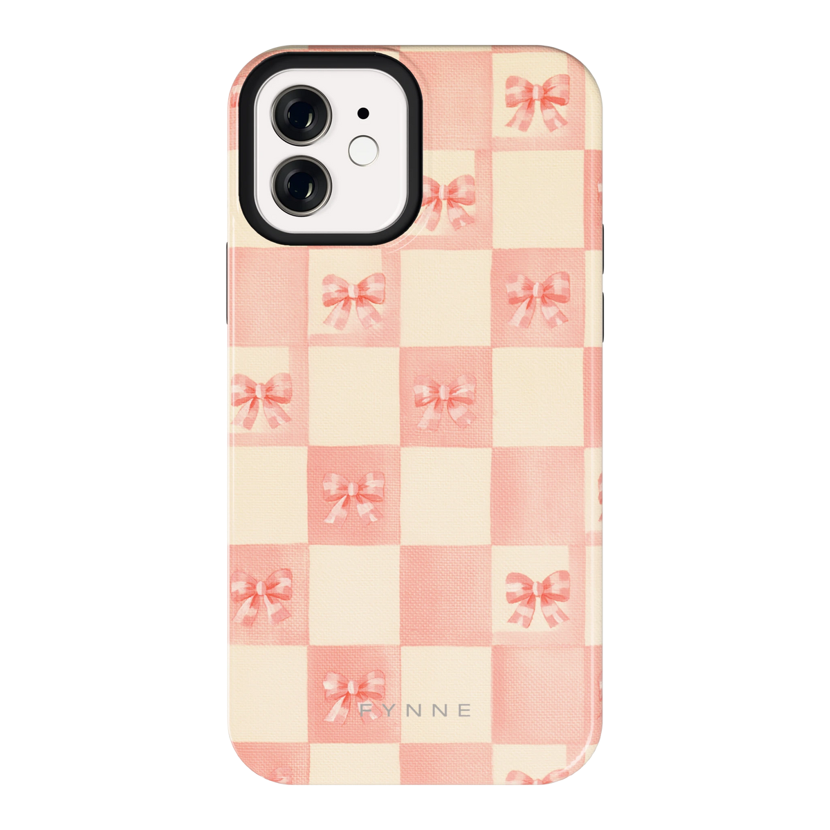 Roze strikjesgeruit hoesje voor iPhone 12, achterkant