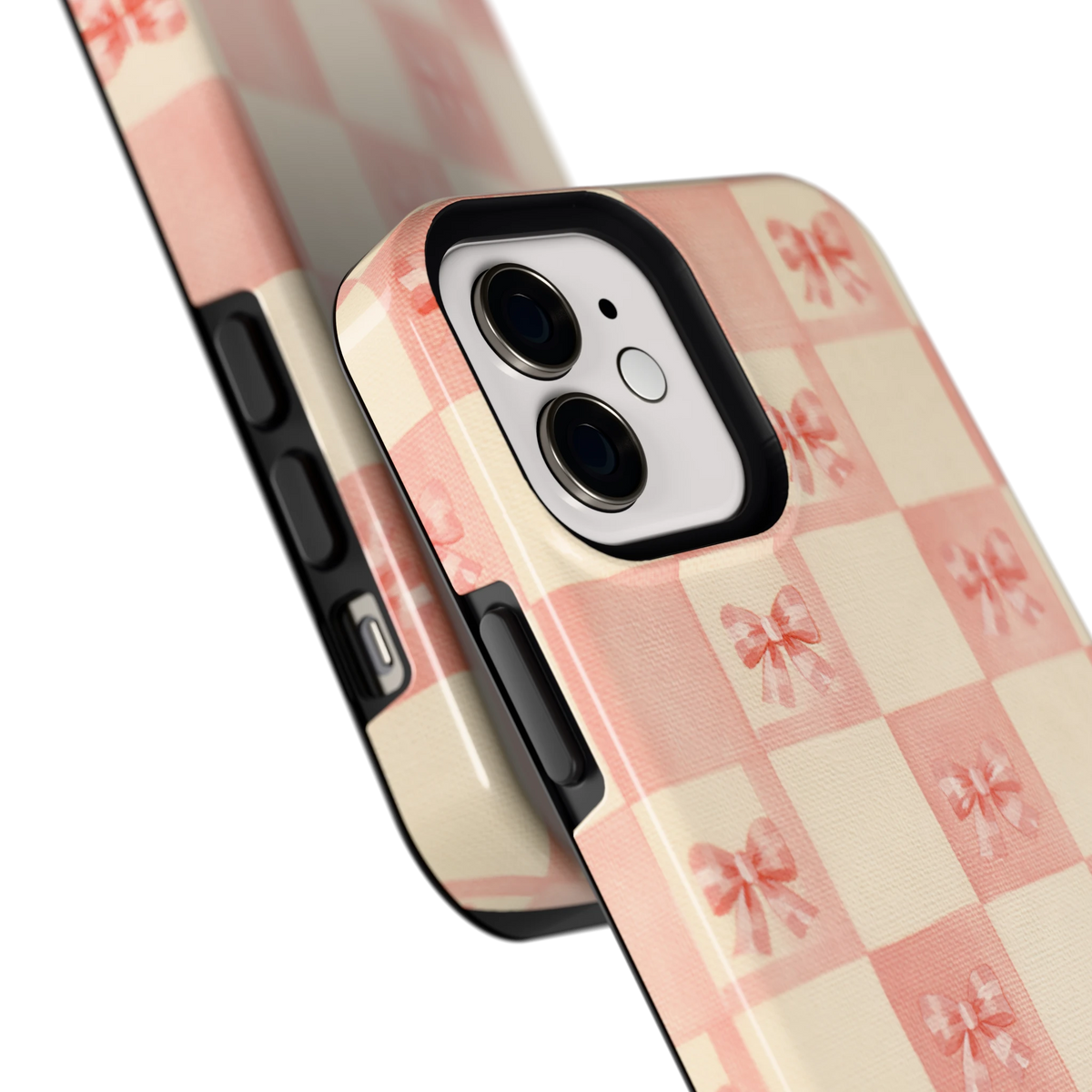 Roze strikjesgeruit hoesje voor iPhone 12, close-up
