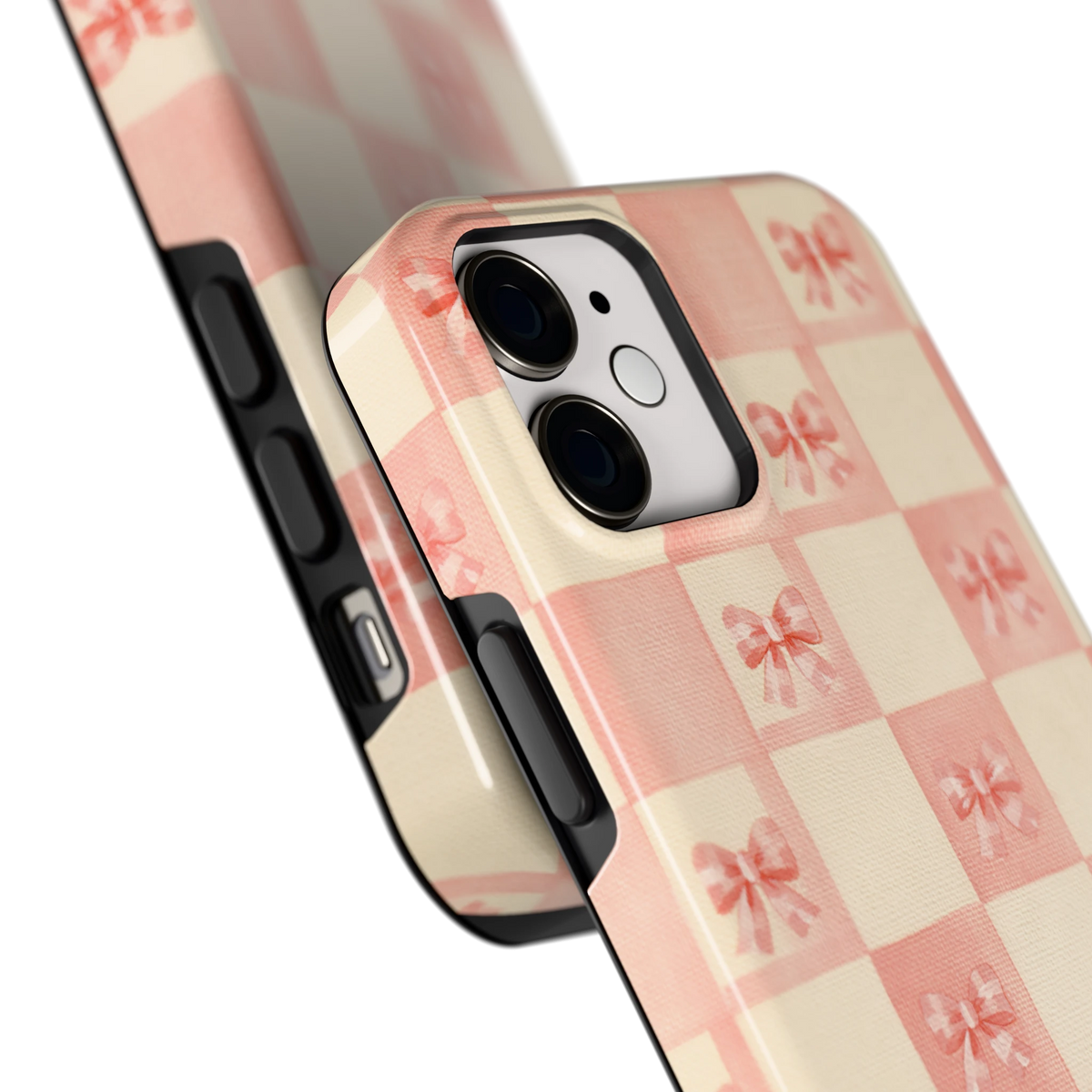 Roze strikjesgeruit hoesje voor iPhone 12 mini, close-up
