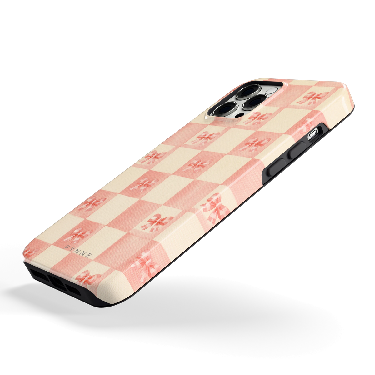 Roze strikjesgeruit hoesje voor iPhone 12 Pro Max, schuin