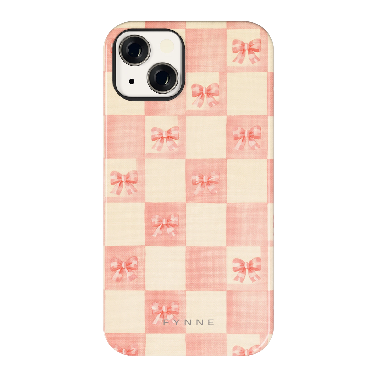 Roze strikjesgeruit hoesje voor iPhone 13, achterkant
