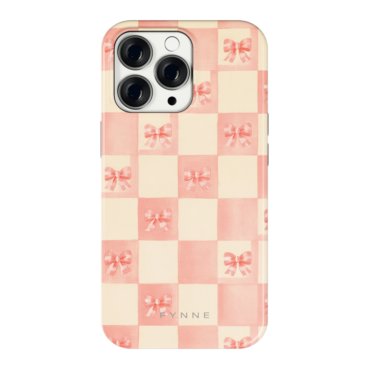 Roze strikjesgeruit hoesje voor iPhone 13 Pro, achterkant