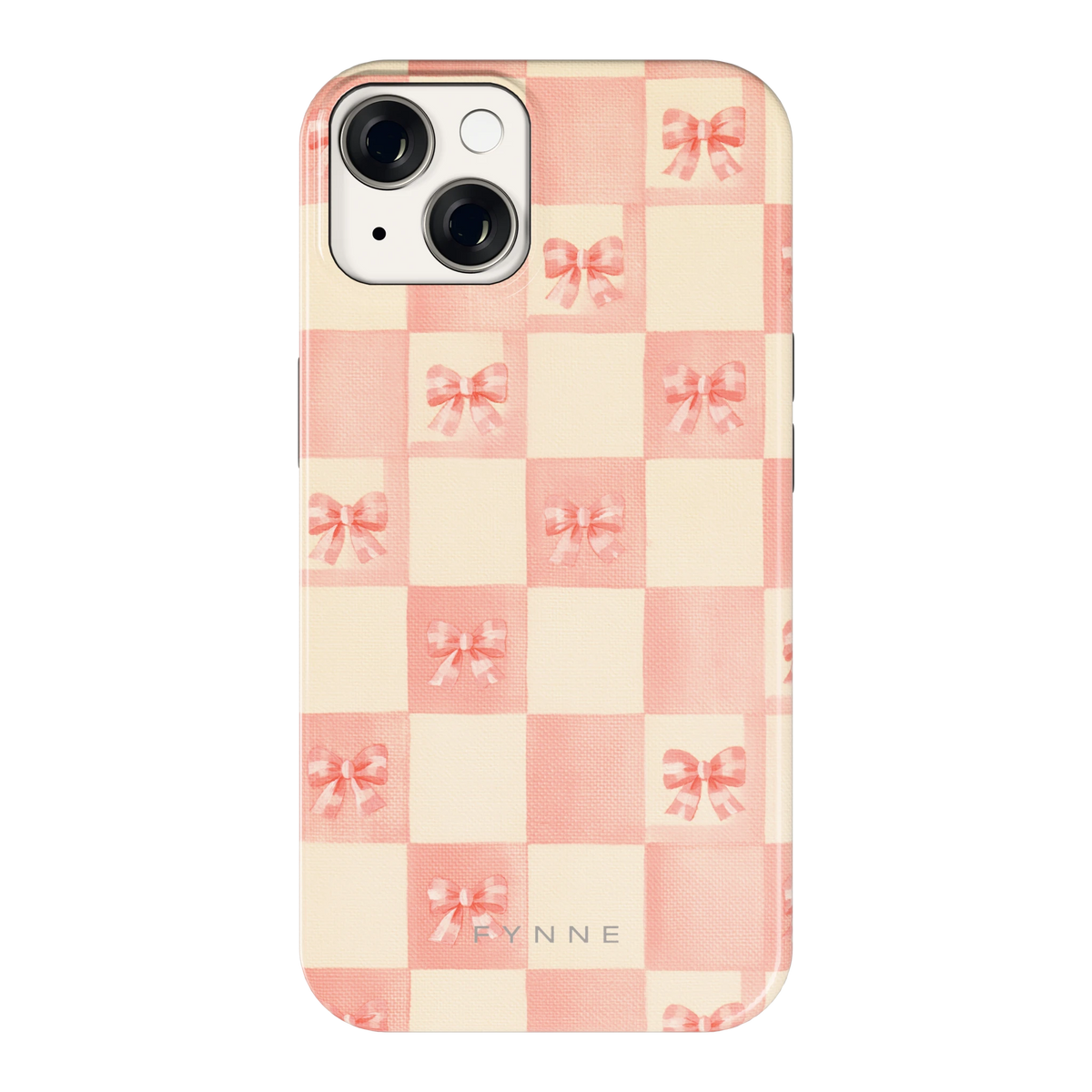 Roze strikjesgeruit hoesje voor iPhone 14, achterkant