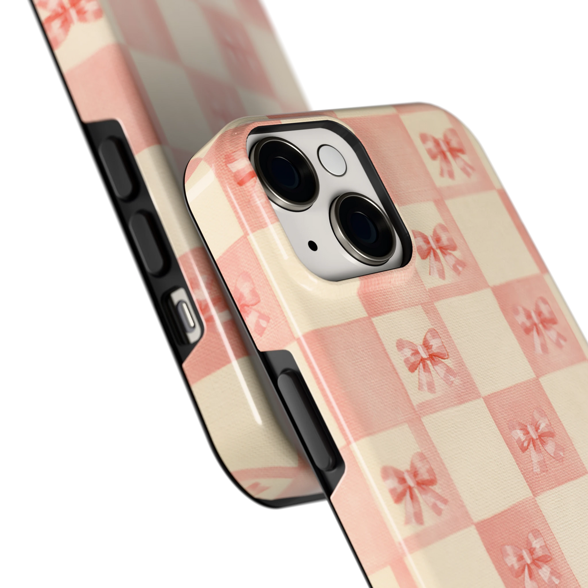 Roze strikjesgeruit hoesje voor iPhone 14, close-up