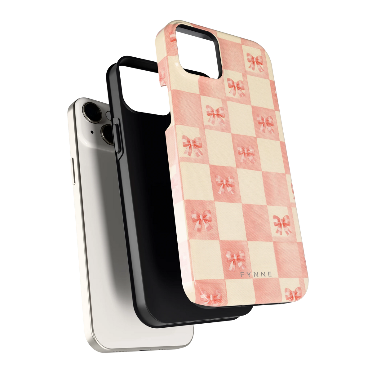 Roze strikjesgeruit hoesje voor iPhone 14 Plus, los van de telefoon