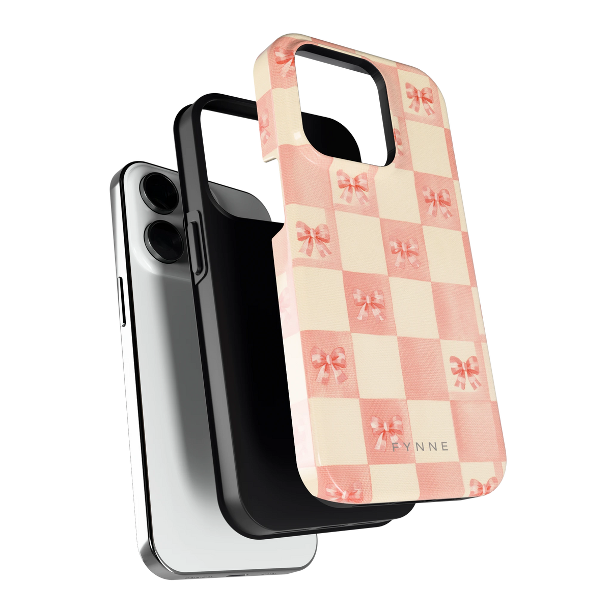 Roze strikjesgeruit hoesje voor iPhone 14 Pro, los van de telefoon