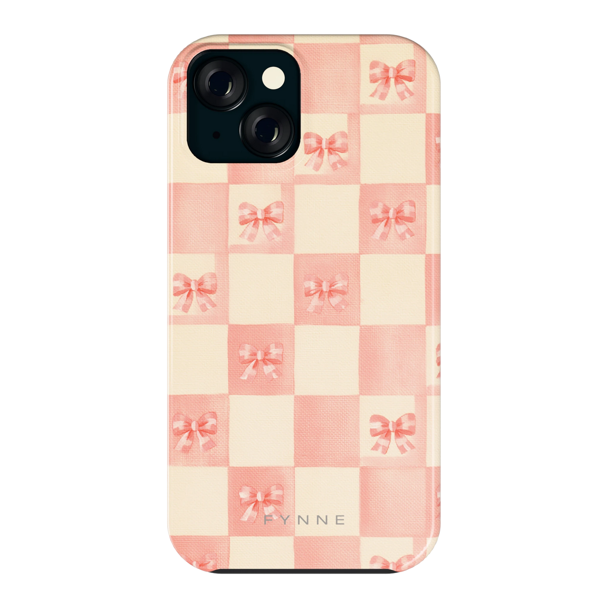 Roze strikjesgeruit hoesje voor iPhone 15, achterkant