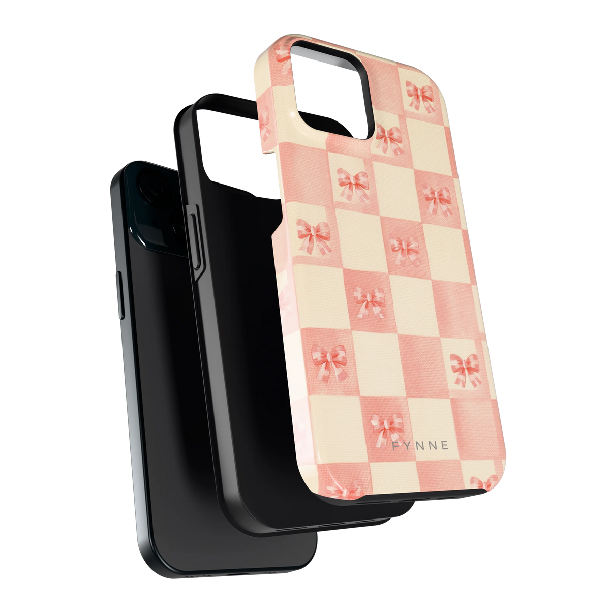 Roze strikjesgeruit hoesje voor iPhone 15, los van de telefoon
