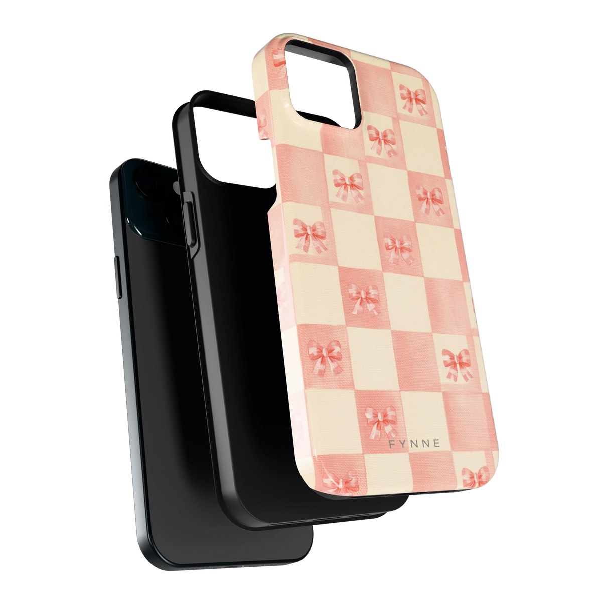 Roze strikjesgeruit hoesje voor iPhone 15 Plus, los van de telefoon