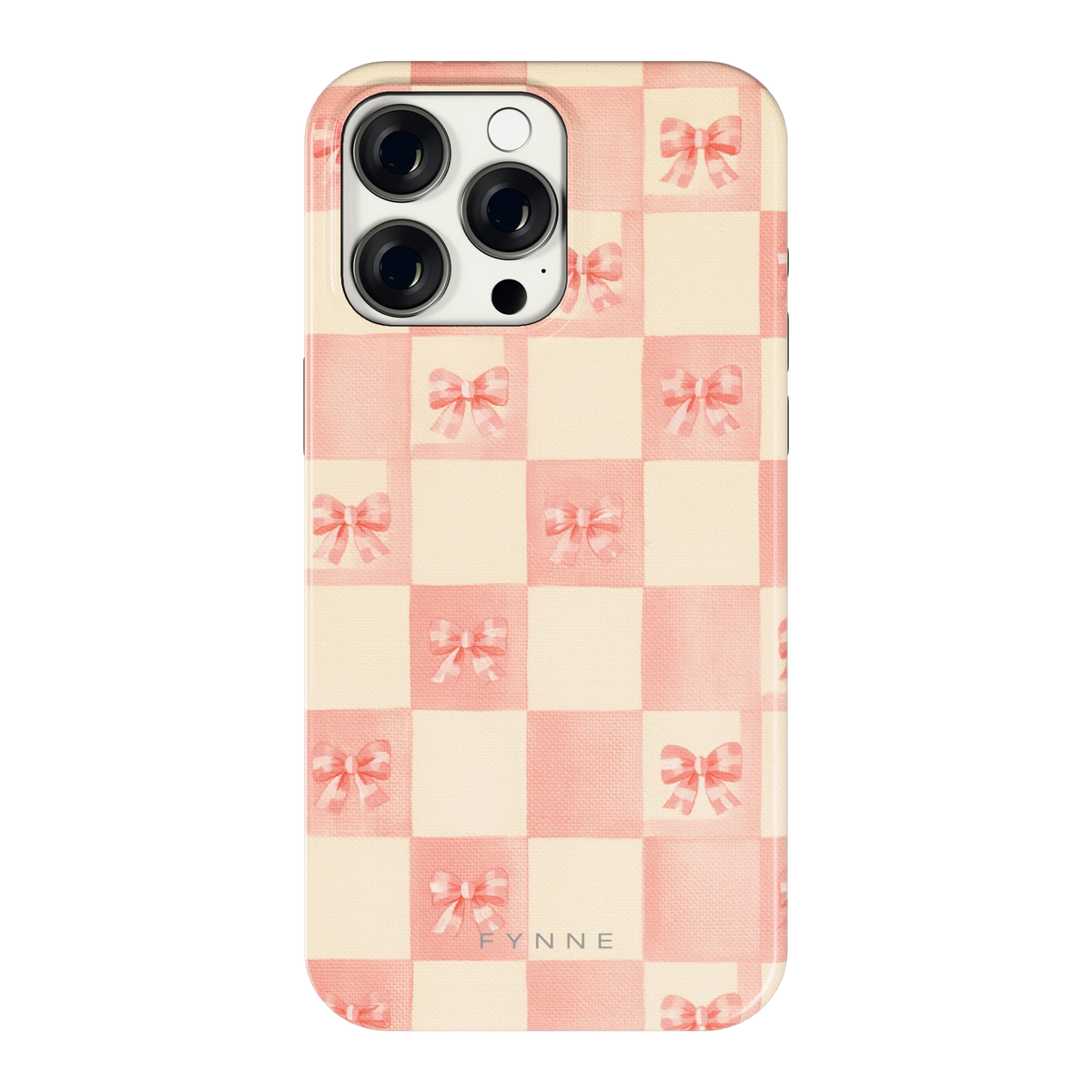 Roze strikjesgeruit hoesje voor iPhone 15 Pro Max, achterkant