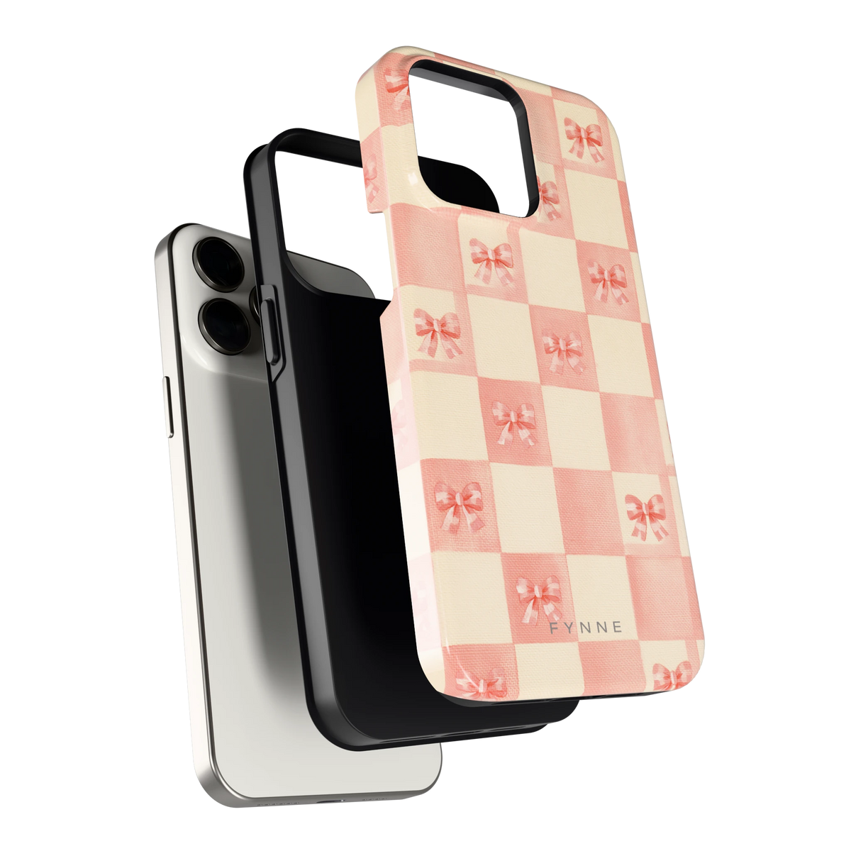 Roze strikjesgeruit hoesje voor iPhone 15 Pro Max, los van de telefoon