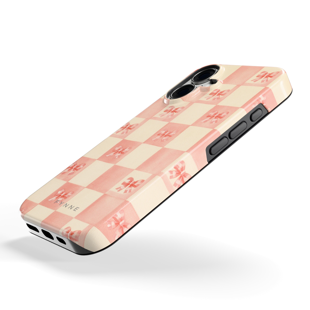 Roze strikjesgeruit hoesje voor iPhone 16, schuin