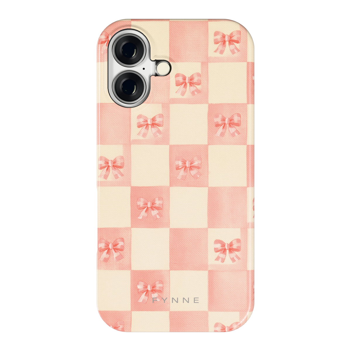 Roze strikjesgeruit hoesje voor iPhone 16, achterkant