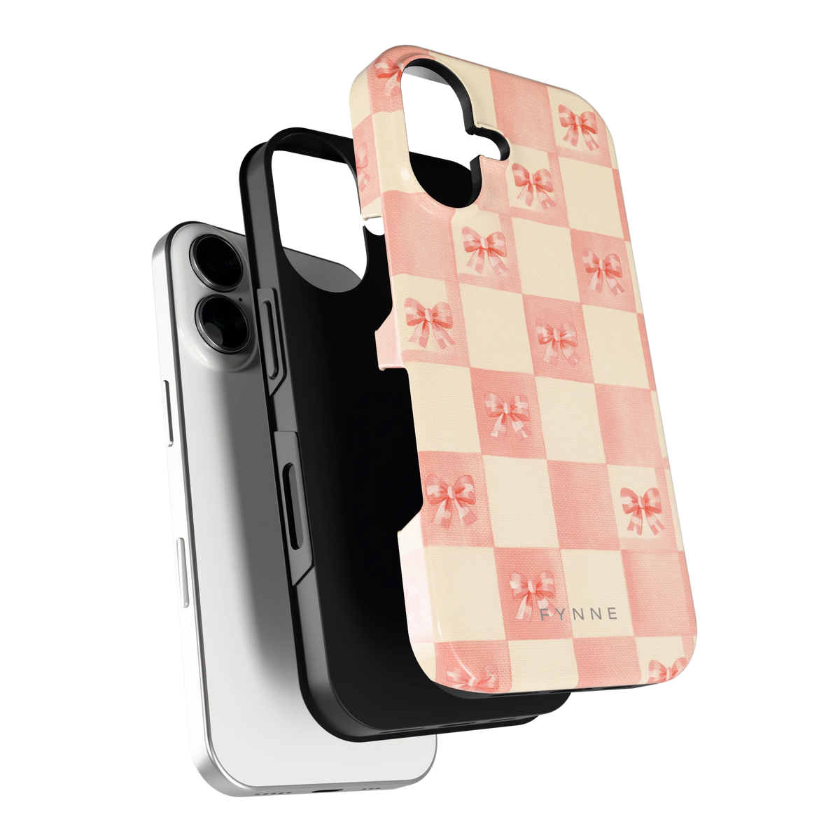 Roze strikjesgeruit hoesje voor iPhone 16, los van de telefoon