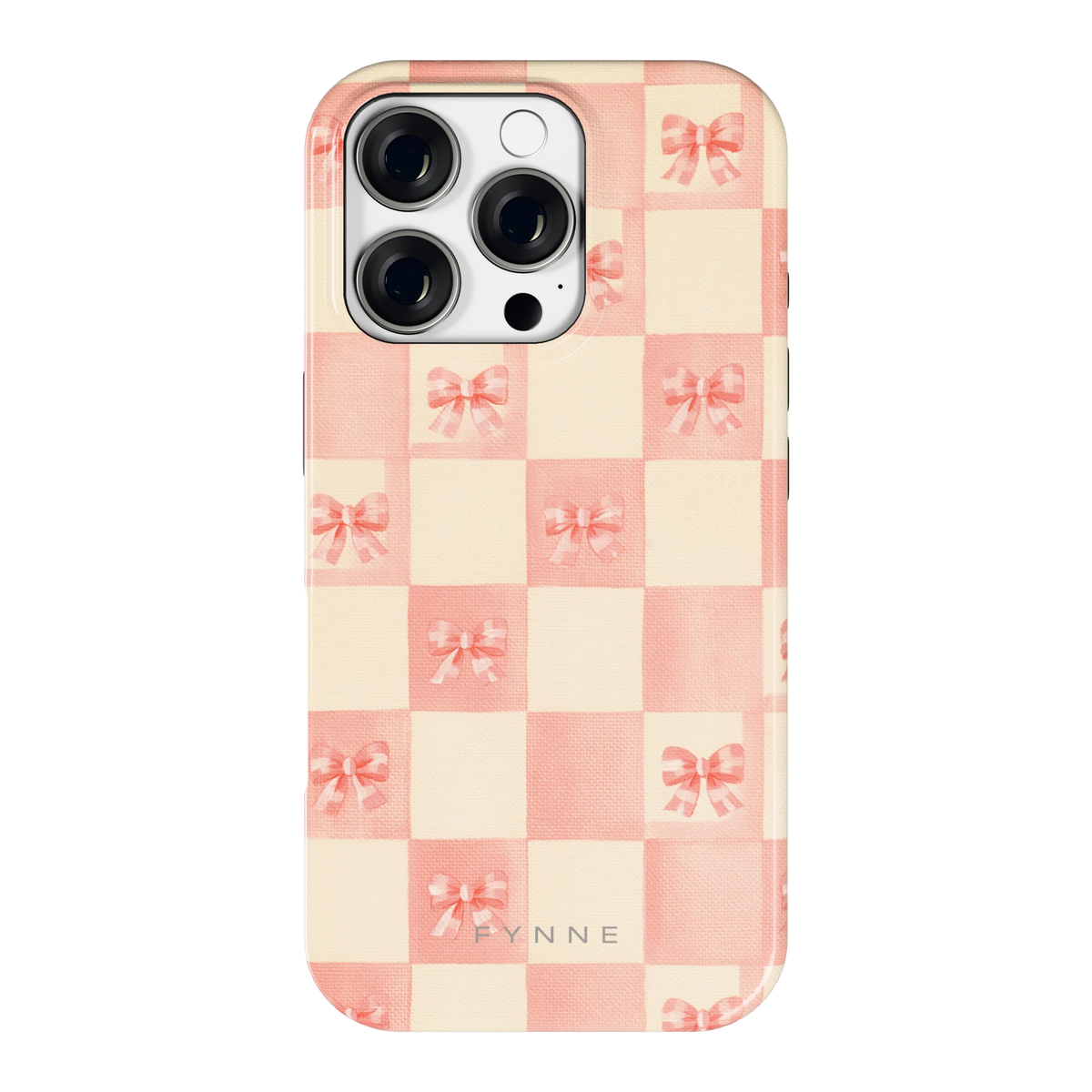 Roze strikjesgeruit hoesje voor iPhone 16 Pro, achterkant