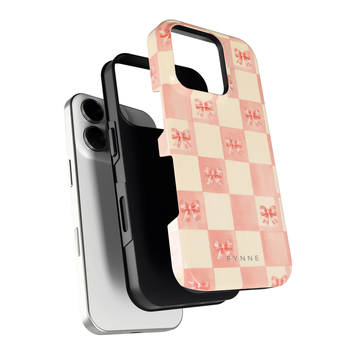 Roze strikjesgeruit hoesje voor iPhone 16 Pro, los van de telefoon