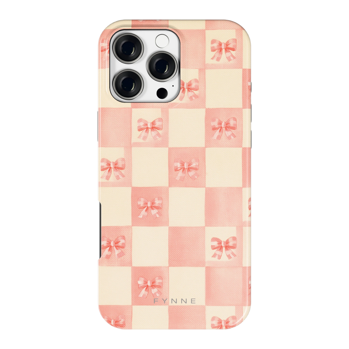 Roze strikjesgeruit hoesje voor iPhone 16 Pro Max, achterkant