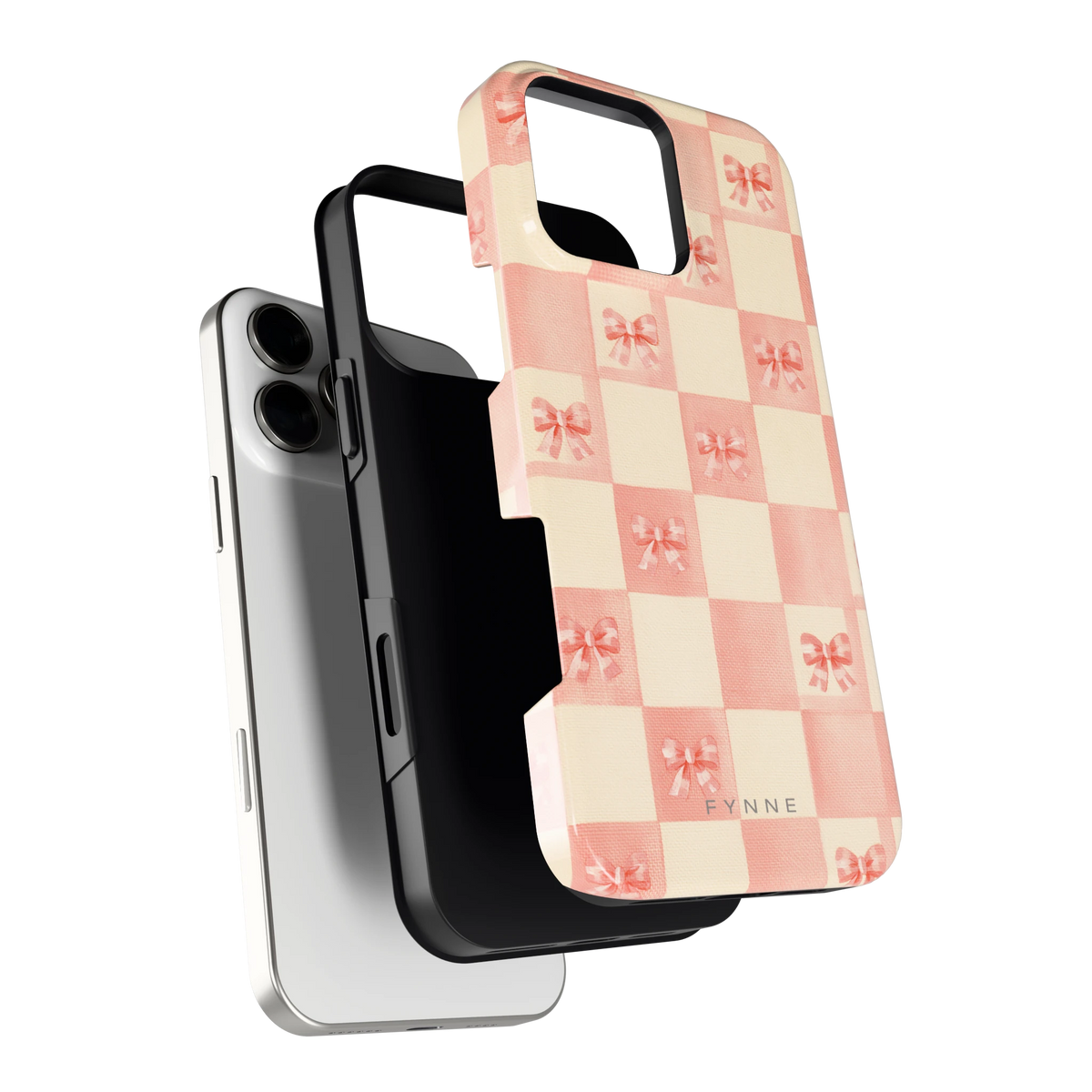 Roze strikjesgeruit hoesje voor iPhone 16 Pro Max, los van de telefoon
