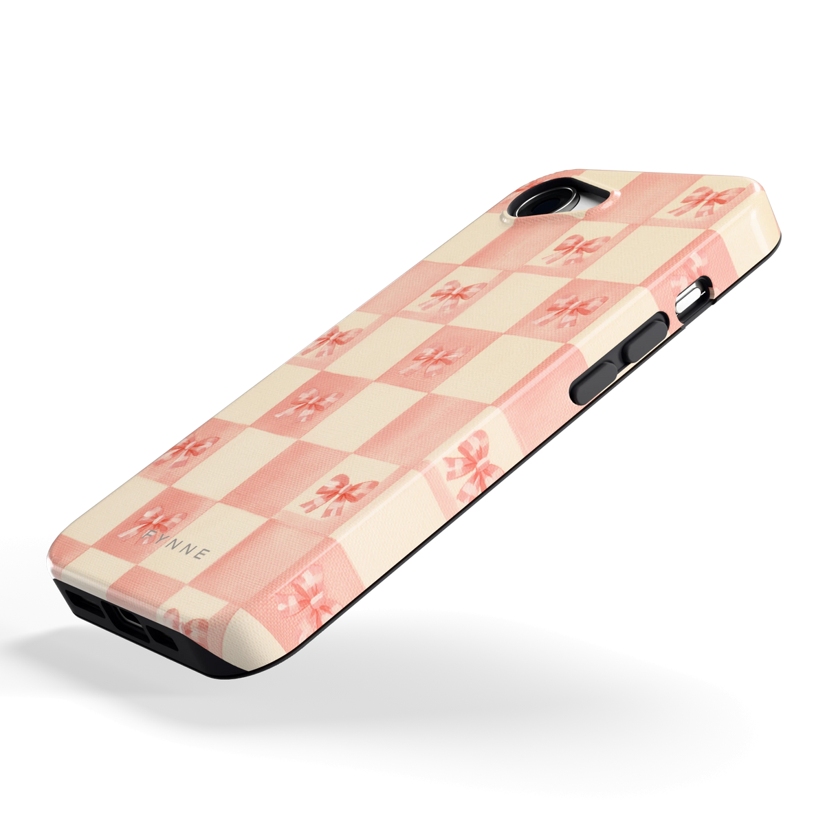 Roze strikjesgeruit hoesje voor iPhone 16e, schuin
