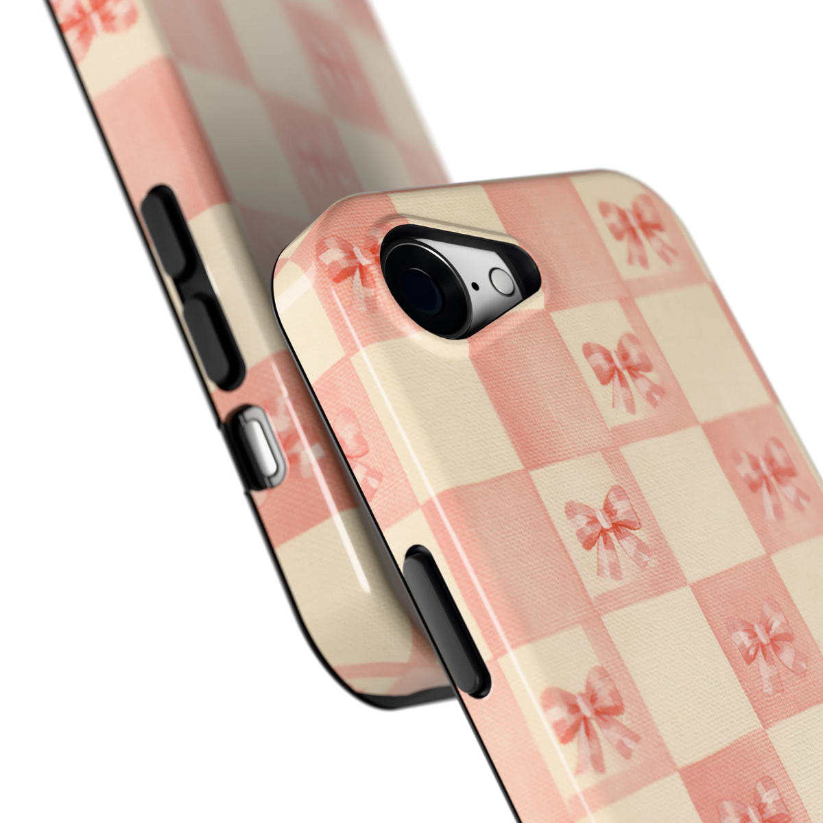 Roze strikjesgeruit hoesje voor iPhone 16e, close-up