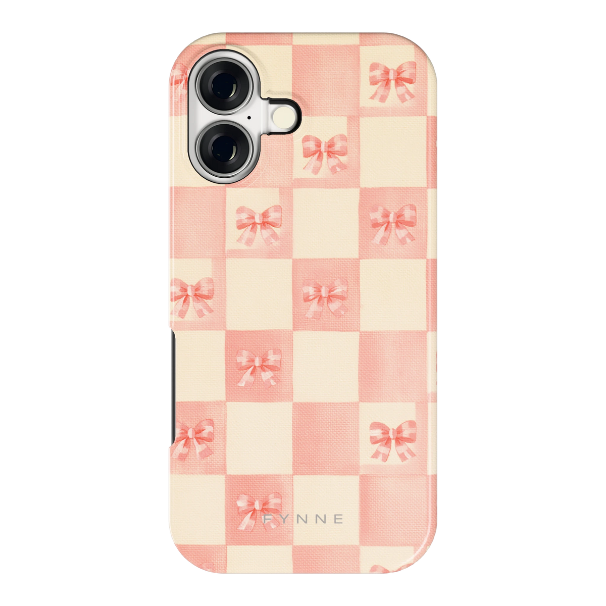 Roze strikjesgeruit hoesje voor iPhone 17, achterkant