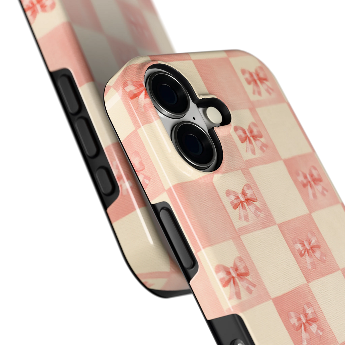Roze strikjesgeruit hoesje voor iPhone 17, close-up