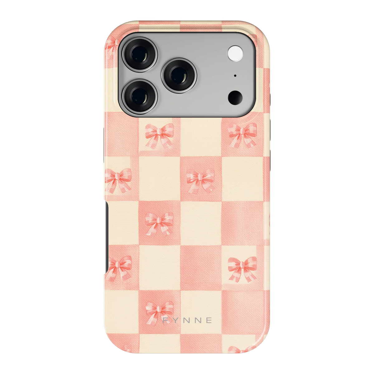 Roze strikjesgeruit hoesje voor iPhone 17 Pro, achterkant