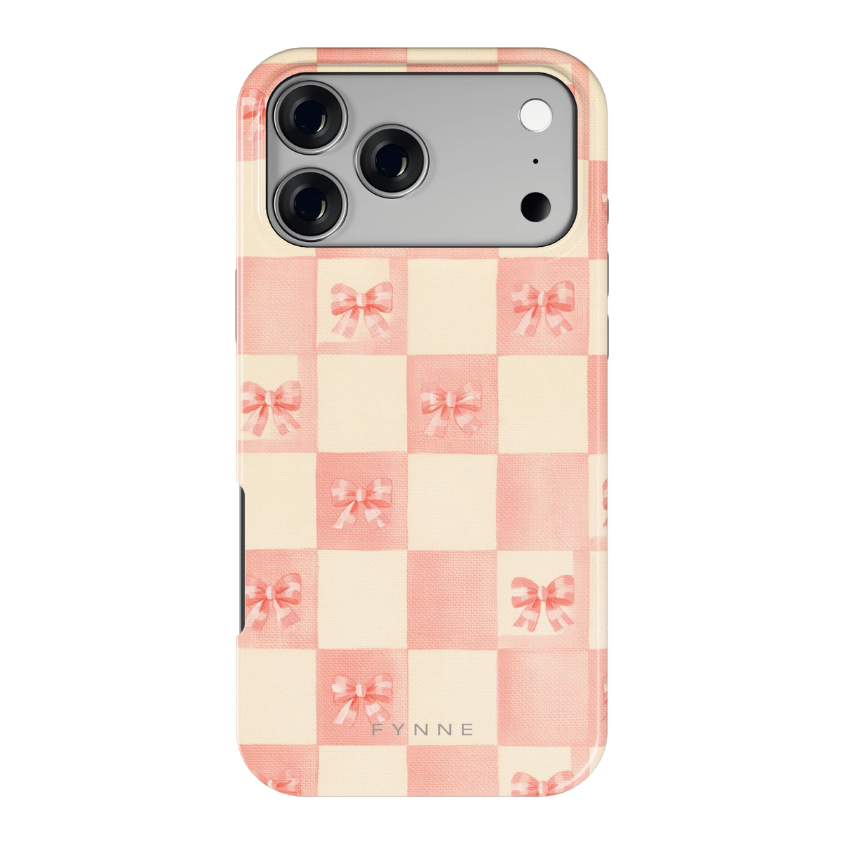 Roze strikjesgeruit hoesje voor iPhone 17 Pro Max, achterkant