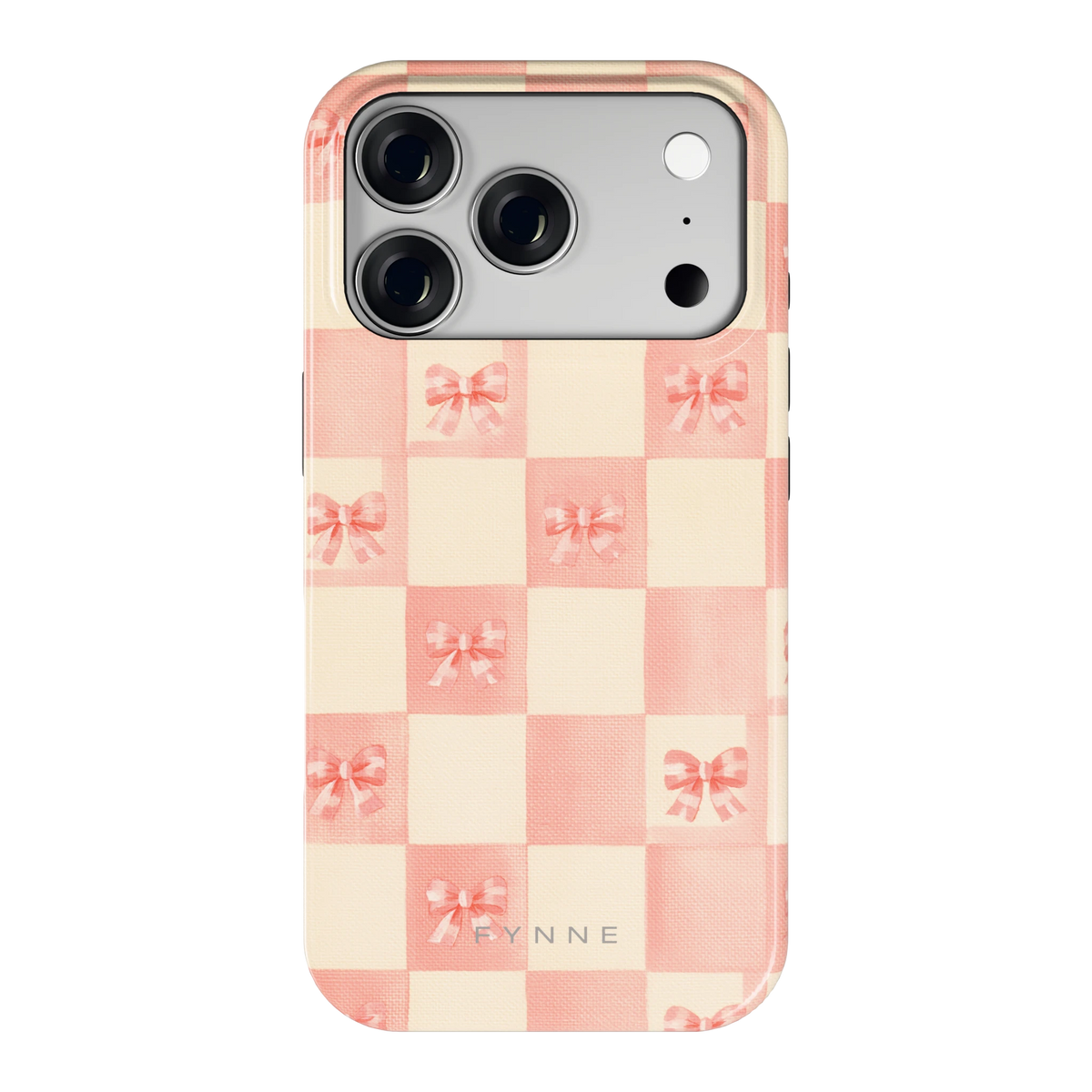 Roze strikjesgeruit hoesje voor iPhone 18 Pro, achterkant