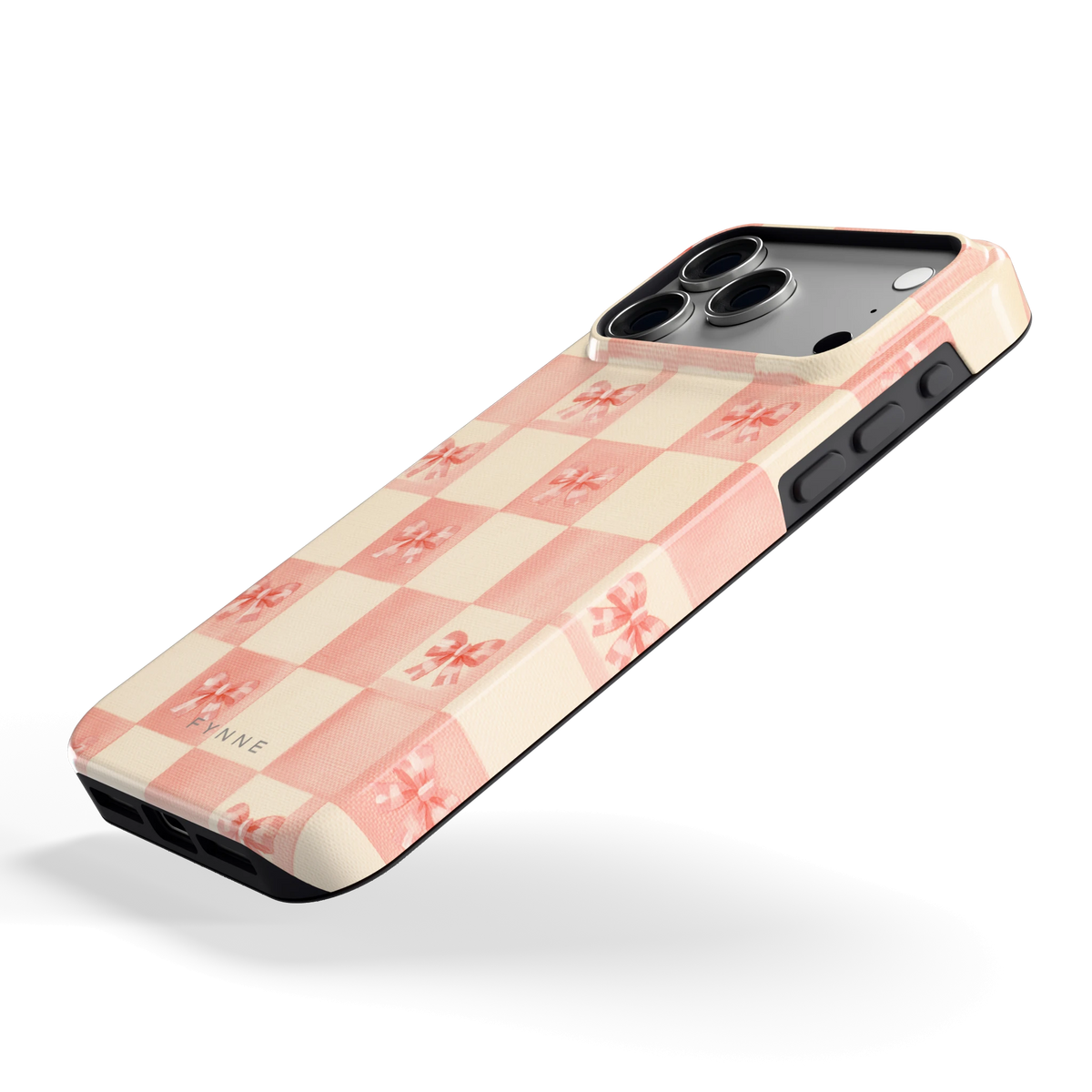 Roze strikjesgeruit hoesje voor iPhone 18 Pro Max, schuin