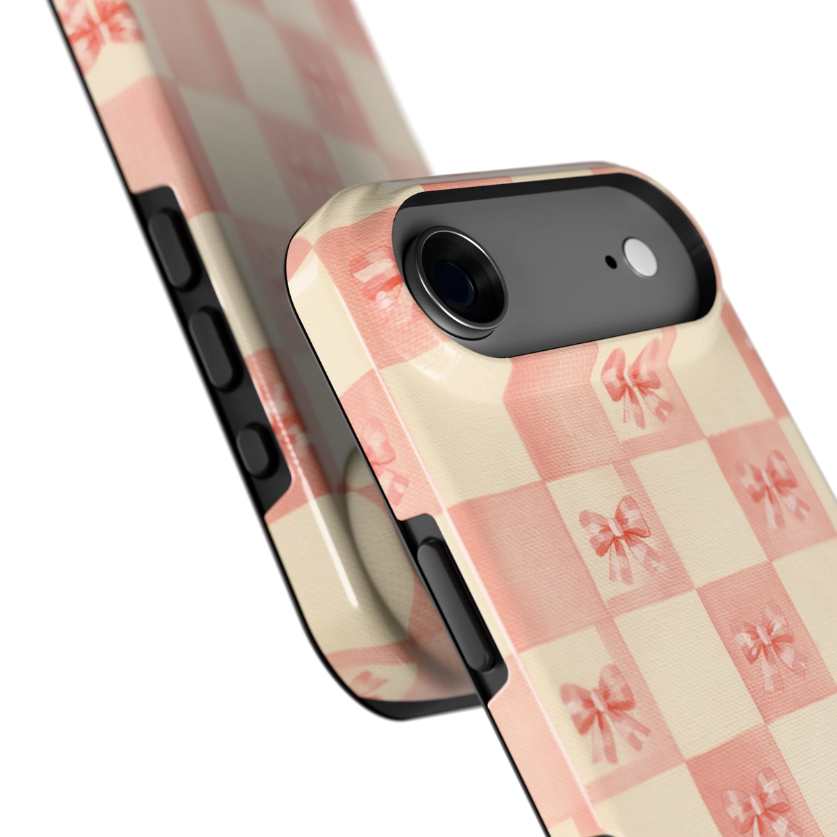 Roze strikjesgeruit hoesje voor iPhone Air, close-up