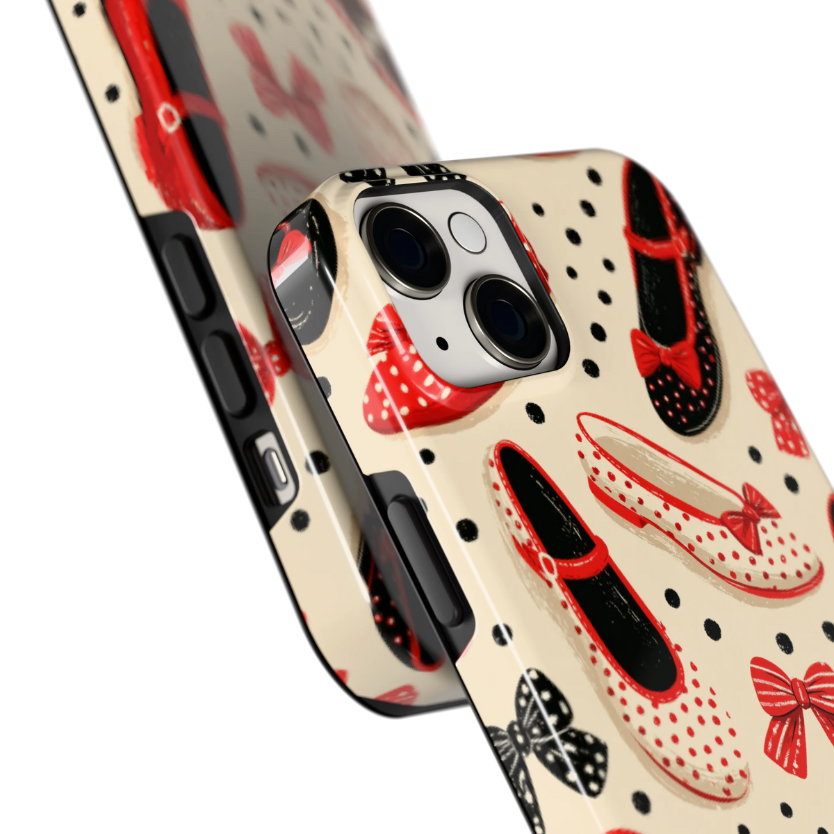 Stippen Ballerina's hoesje voor iPhone 14 Plus, close-up
