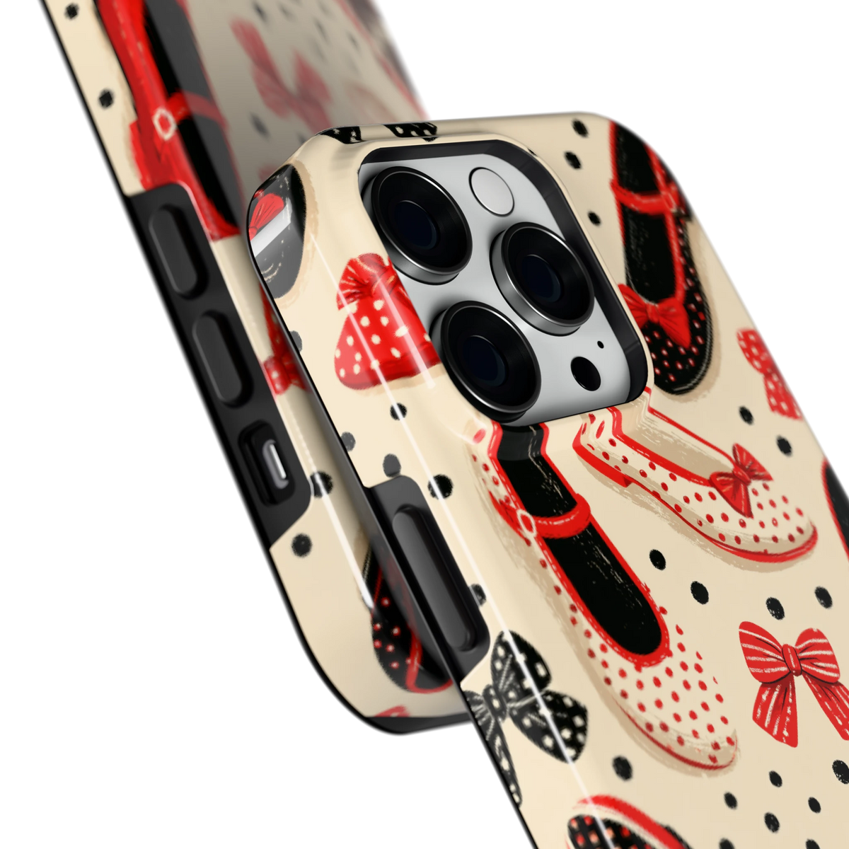 Stippen Ballerina's hoesje voor iPhone 14 Pro, close-up