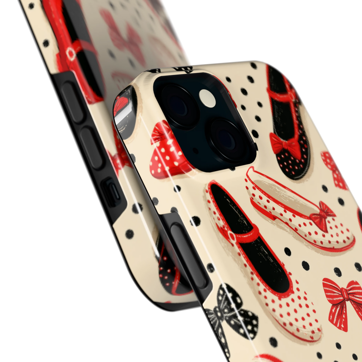 Stippen Ballerina's hoesje voor iPhone 15, close-up
