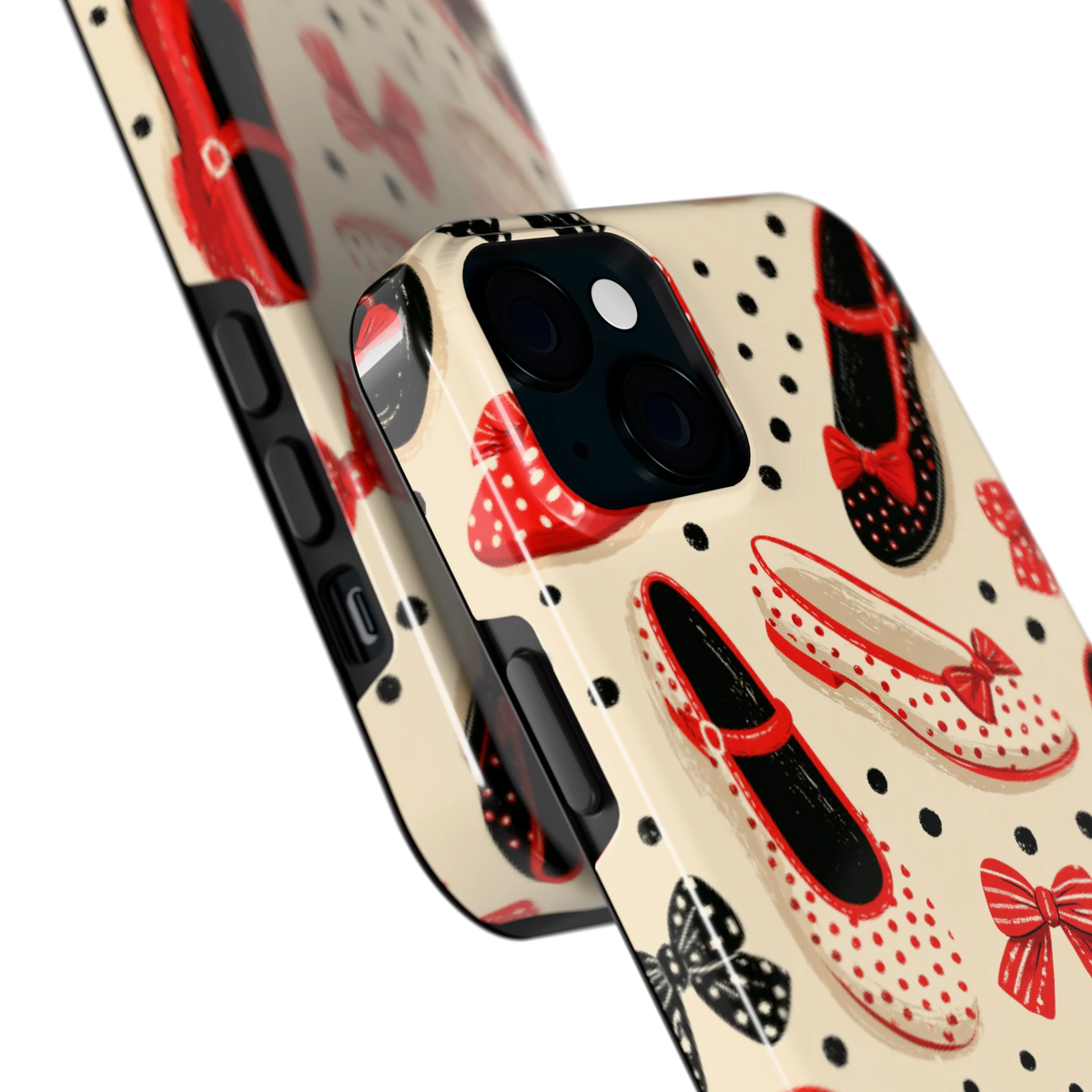 Stippen Ballerina's hoesje voor iPhone 15 Plus, close-up