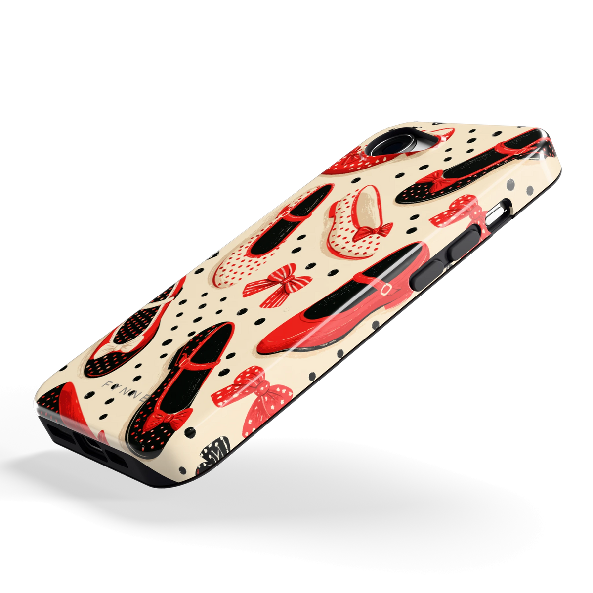 Stippen Ballerina's hoesje voor iPhone 16e, schuin
