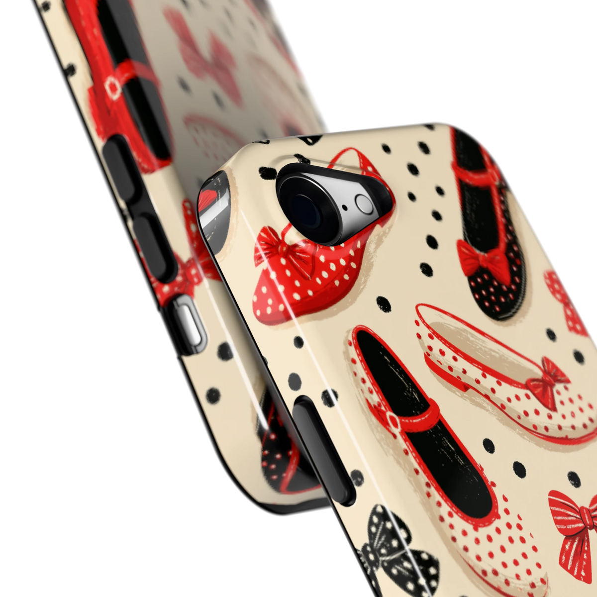 Stippen Ballerina's hoesje voor iPhone 16e, close-up