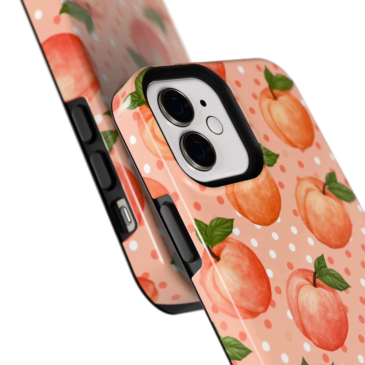 Perziken met stippen hoesje voor iPhone 12, close-up