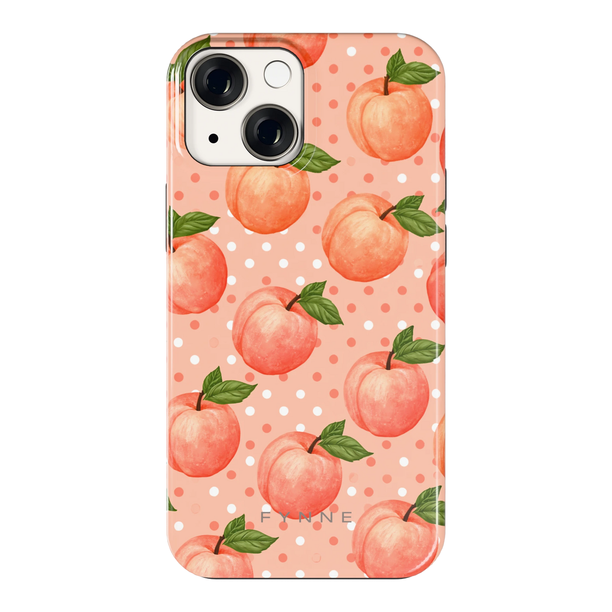 Perziken met stippen hoesje voor iPhone 13 mini, achterkant
