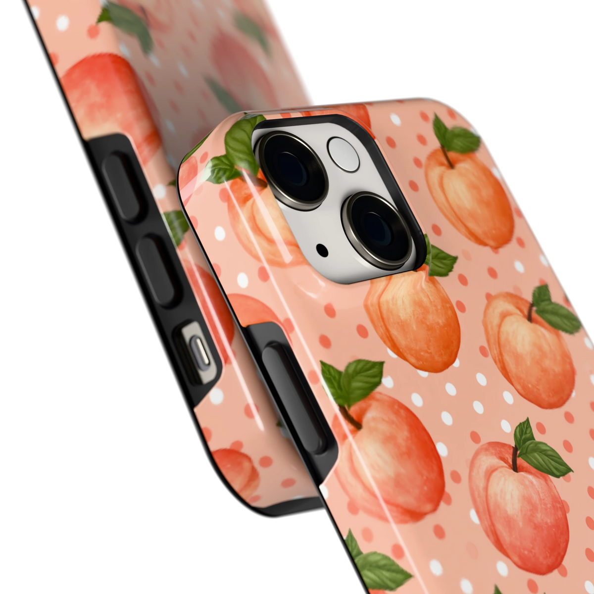 Perziken met stippen hoesje voor iPhone 13 mini, close-up