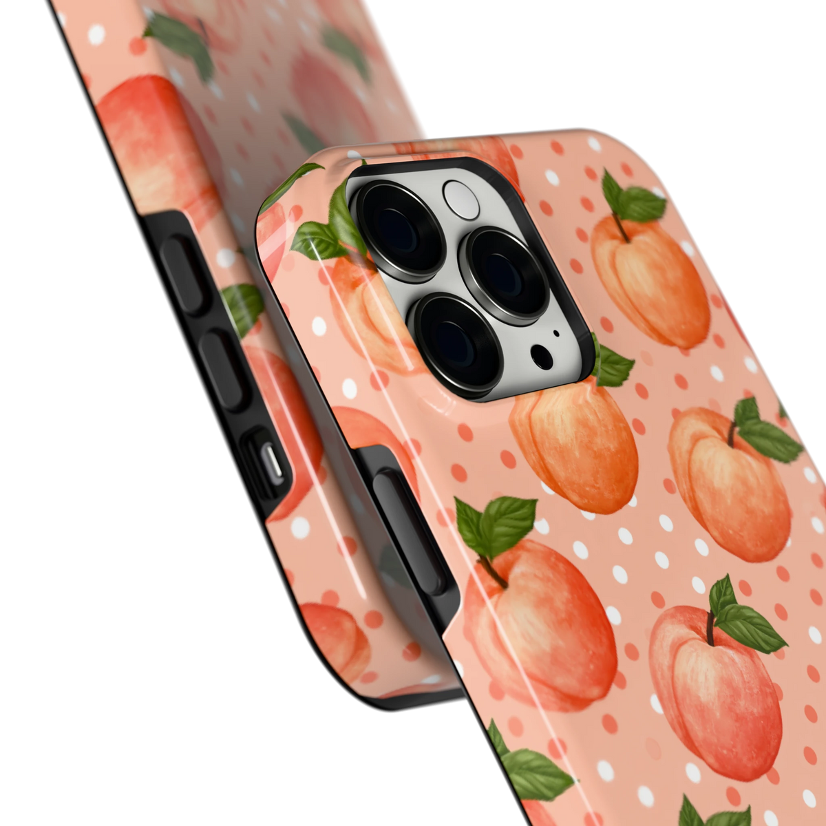 Perziken met stippen hoesje voor iPhone 13 Pro Max, close-up