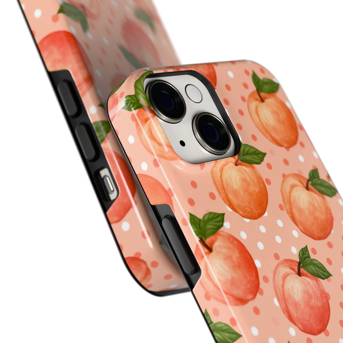 Perziken met stippen hoesje voor iPhone 14, close-up