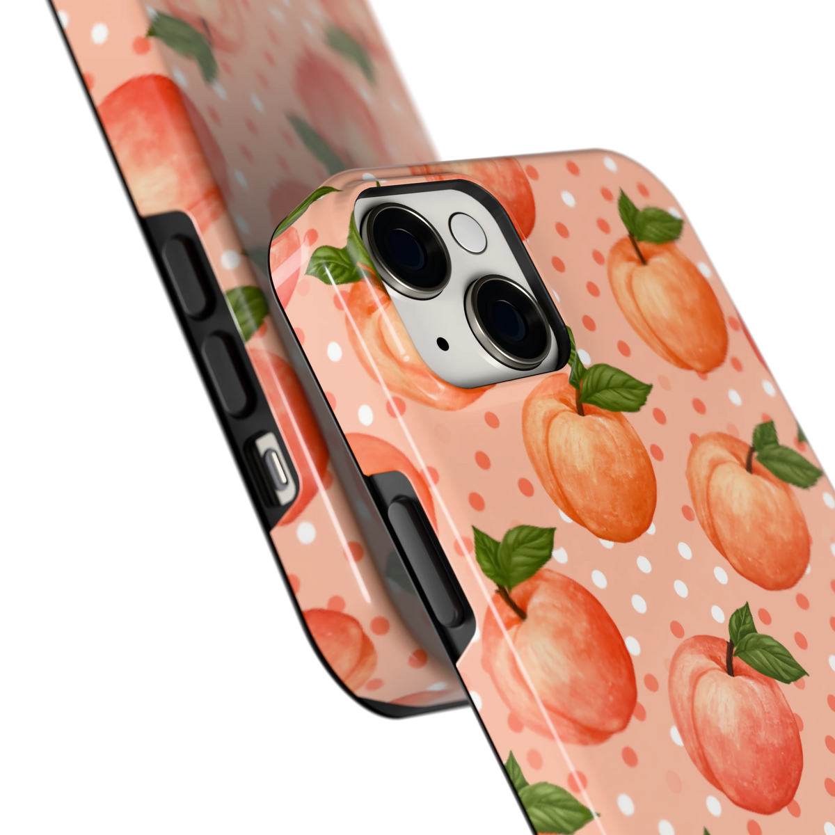 Perziken met stippen hoesje voor iPhone 14 Plus, close-up
