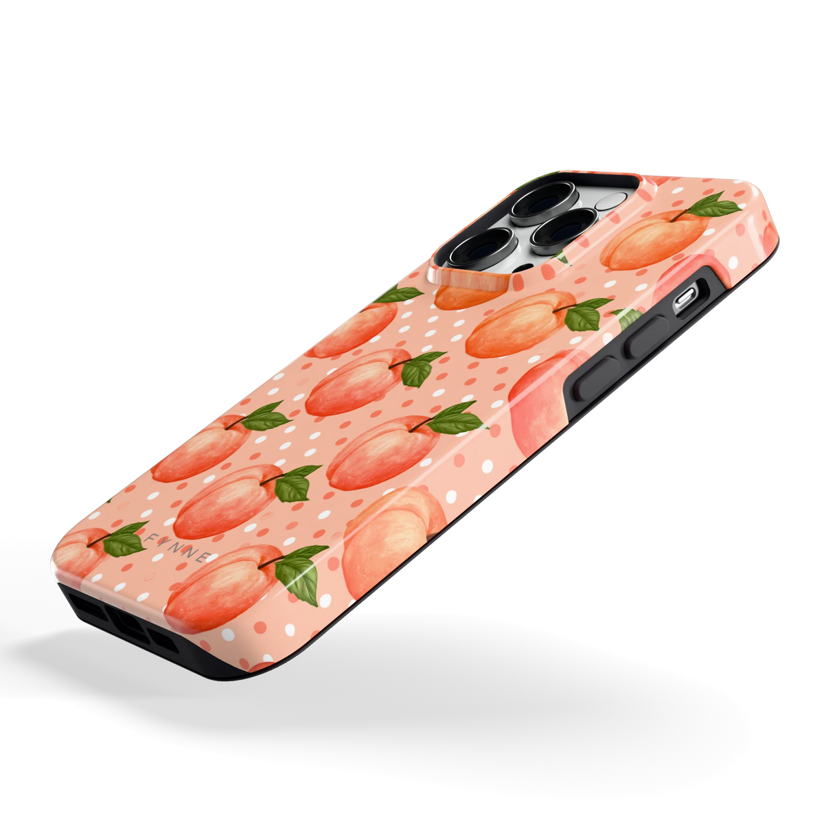 Perziken met stippen hoesje voor iPhone 14 Pro, schuin