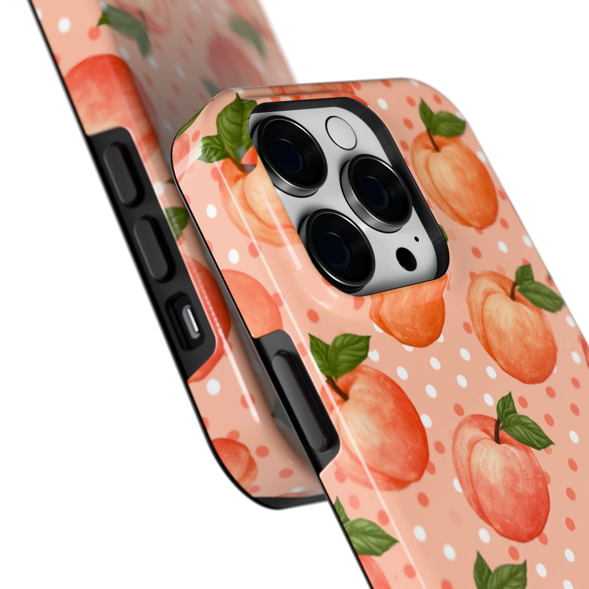 Perziken met stippen hoesje voor iPhone 14 Pro, close-up