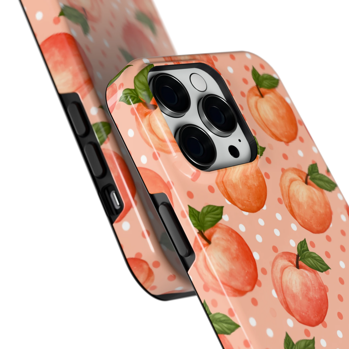 Perziken met stippen hoesje voor iPhone 14 Pro Max, close-up