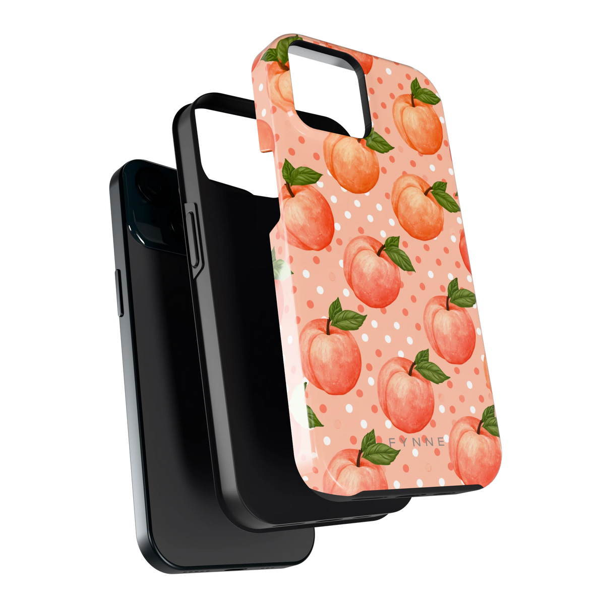 Perziken met stippen hoesje voor iPhone 15, los van de telefoon